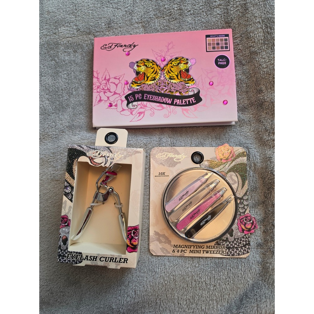 Ed Hardy 15 Pc Eyeshadow Palette Eyelash Curler & Mini Tweezer Mirror Set NIB